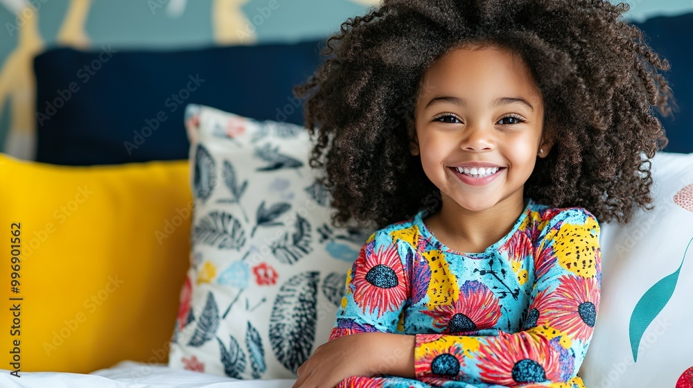 Smiling Toddler with Curly Hair and Yellow Top Indoors Smiling Toddler with Curly Hair and Yellow Top Indoors