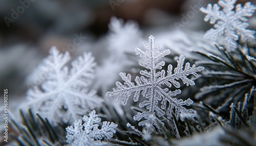 Snowflake closeup, winter nature photography, snow crystals, winter frost, pine needles and snowflakes, frozen beauty, macro snowflake photography.