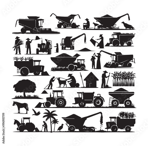 traditional agricultural harvesting silhouette illustrations