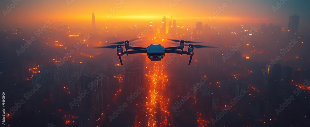a sleek black drone soaring over a bustling metropolitan skyline at sunset highlighting the contrast between the dark silhouette and the glowing city lights below a sleek black drone soaring over a bustling metropolitan skyline at sunset highlighting the contrast between the dark silhouette and the glowing city lights below