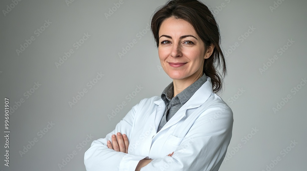 Smiling Female Doctor Standing in White Lab Coat Arms Crossed Confidently Smiling Female Doctor Standing in White Lab Coat Arms Crossed Confidently