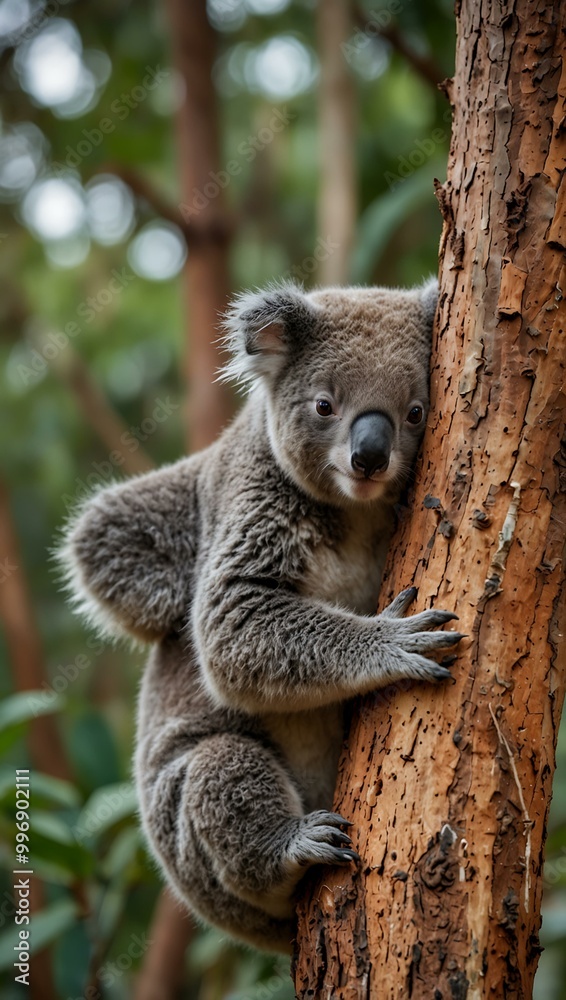 Cute koala clinging to a tree in a lush setting. Cute koala clinging to a tree in a lush setting.
