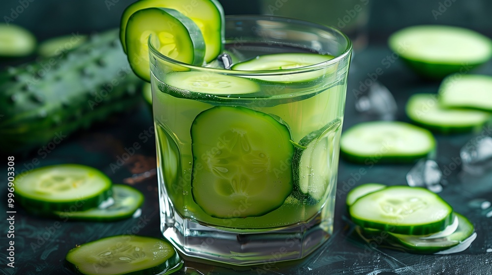 A glass of cucumber juice with cucumber slices inside and around the glass A glass of cucumber juice with cucumber slices inside and around the glass