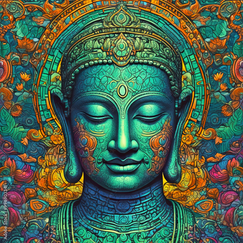 Fototapeta premium Buddha's head bright intricate mosaic floral pattern background psychedelic neon colors artwork