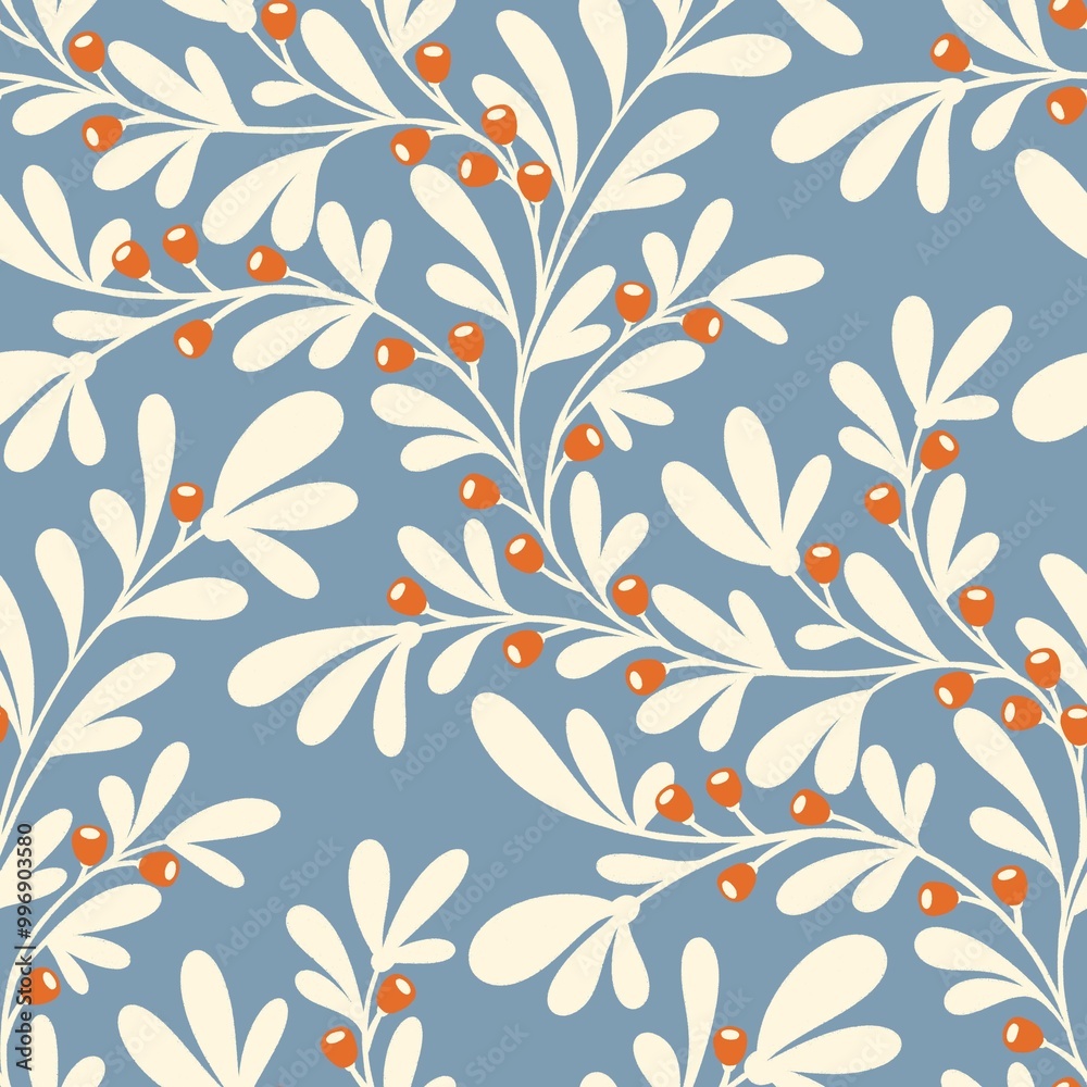 Cream and Coral Berry Branch, seamless pattern Cream and Coral Berry Branch, seamless pattern