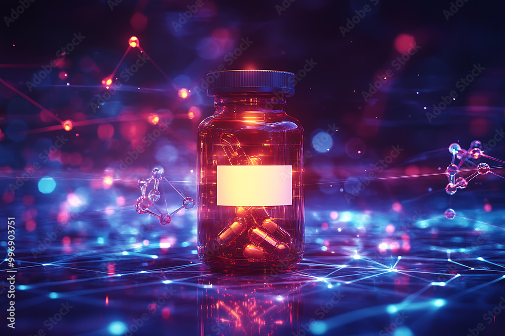 An abstract digital background showcasing a medicine bottle with a blank label, surrounded by molecular structures, geometric shapes, and data connections An abstract digital background showcasing a medicine bottle with a blank label, surrounded by molecular structures, geometric shapes, and data connections