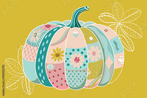 Whimsical Patchwork Pumpkin Illustration with Floral Motifs on Yellow Background