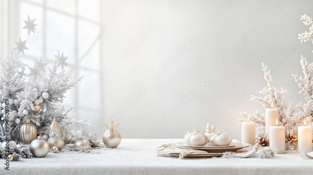 Winter Christmas, New Year home decor with Elegant White Christmas Dining Table with Festive Ornaments and Candle Decorations Winter Christmas, New Year home decor with Elegant White Christmas Dining Table with Festive Ornaments and Candle Decorations