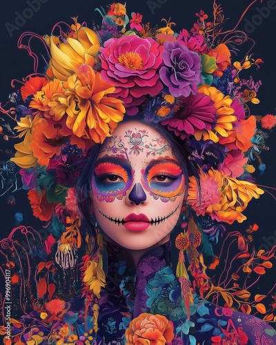 Asian woman adorned with Día de los Muertos (Day of the Dead) makeup and a flower crown. 