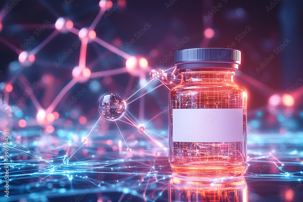 An abstract digital background showcasing a medicine bottle with a blank label, surrounded by molecular structures, geometric shapes, and data connections An abstract digital background showcasing a medicine bottle with a blank label, surrounded by molecular structures, geometric shapes, and data connections