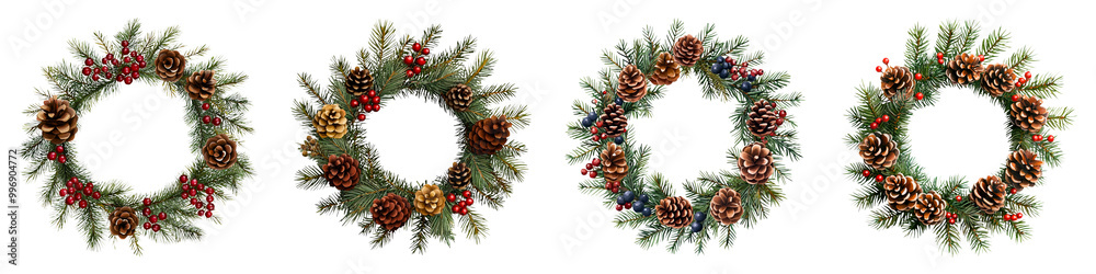 Four festive wreaths adorned with vibrant foliage and flowers, showcasing seasonal decor against a transparent background.
