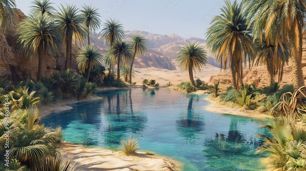 Surreal dreamlike oasis in the heart of a vast desolate desert landscape lush palm trees and shimmering pools of crystal clear water creating a mesmerizing mirage like reflection Surreal dreamlike oasis in the heart of a vast desolate desert landscape lush palm trees and shimmering pools of crystal clear water creating a mesmerizing mirage like reflection