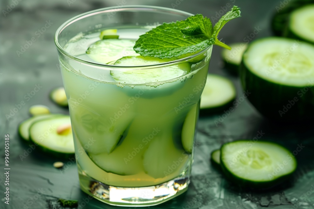 A glass of fresh cucumber juice with a pale green color, cucumber slices floating inside, and a mint leaf for garnish. A glass of fresh cucumber juice with a pale green color, cucumber slices floating inside, and a mint leaf for garnish.