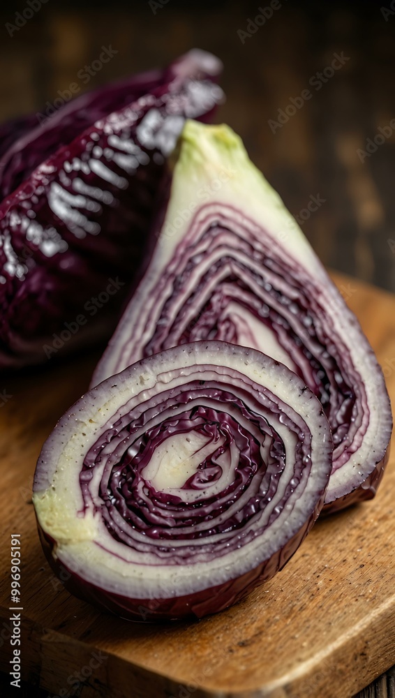 Close-up of organic red cabbage slice on a wooden board. Close-up of organic red cabbage slice on a wooden board.