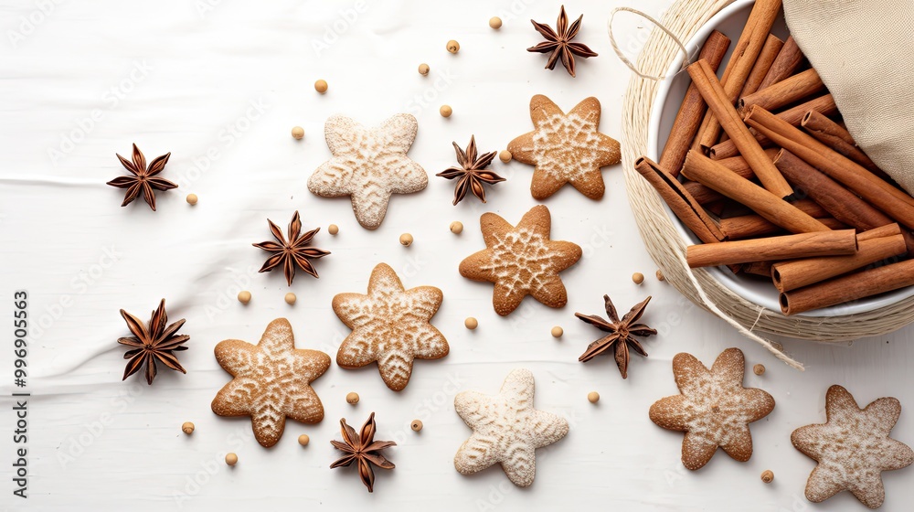 Neatly arranged gingerbread cookies, cinnamon sticks and star anise on a white canvas. Neatly arranged gingerbread cookies, cinnamon sticks and star anise on a white canvas.