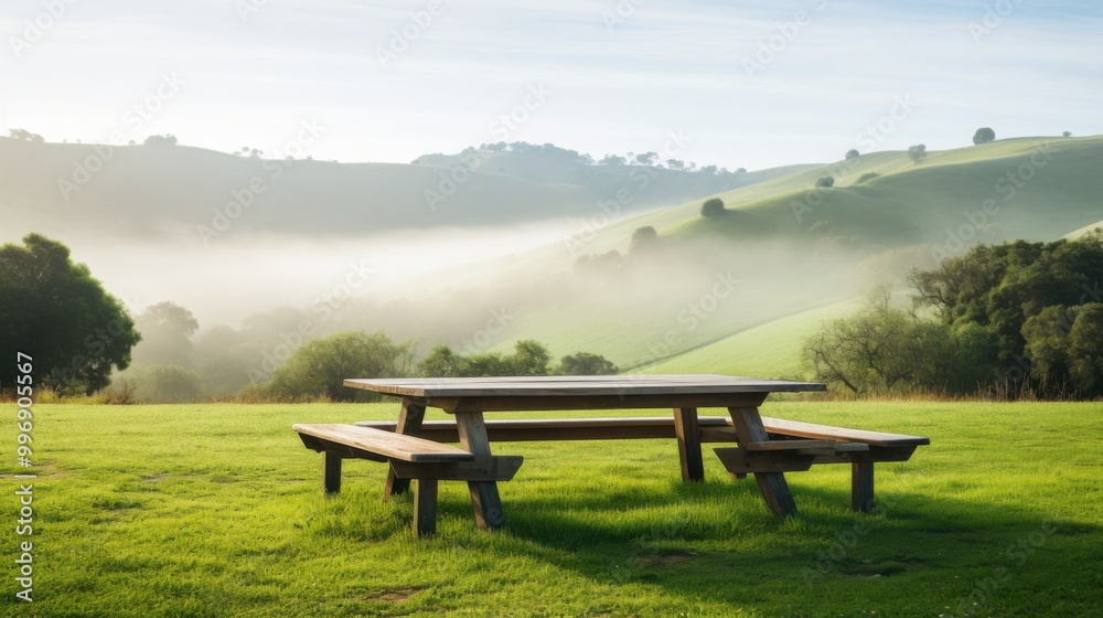 A wooden picnic table sits in a lush green field with rolling hills in the background, covered in a light morning mist, evoking a sense of tranquility and serenity. A wooden picnic table sits in a lush green field with rolling hills in the background, covered in a light morning mist, evoking a sense of tranquility and serenity.
