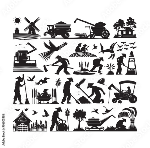 traditional agricultural harvesting silhouette illustrations