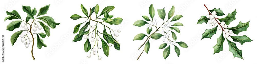The image showcases four branches of mistletoe, featuring glossy green leaves and white berries, set against a dark background. The image showcases four branches of mistletoe, featuring glossy green leaves and white berries, set against a dark background.