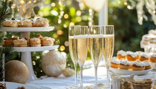 Brunch elegante com taças de champanhe, doces variados e decorações festivas em uma mesa iluminada pelo sol photo