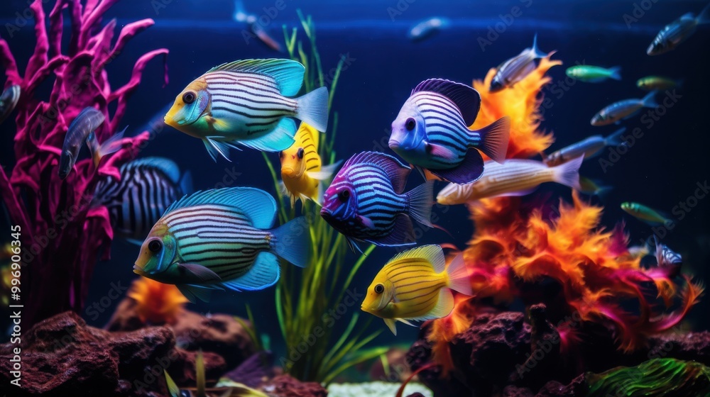 Naklejka premium Vividly colored tropical fish swim gracefully in a well-maintained aquarium, creating a mesmerizing underwater scene full of vibrant life.