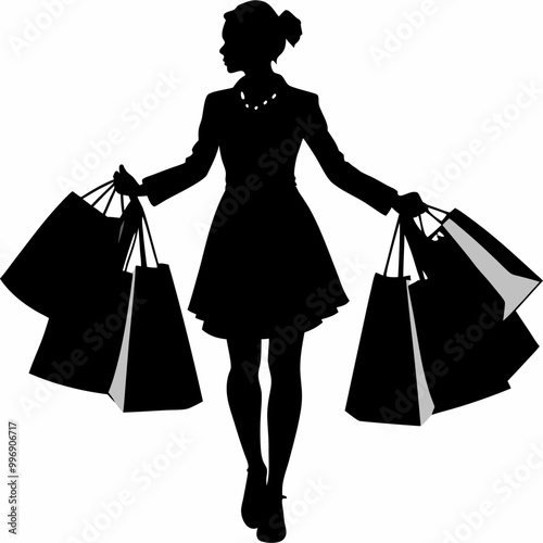 Silhouette woman shopping joyful carrying bags black background
