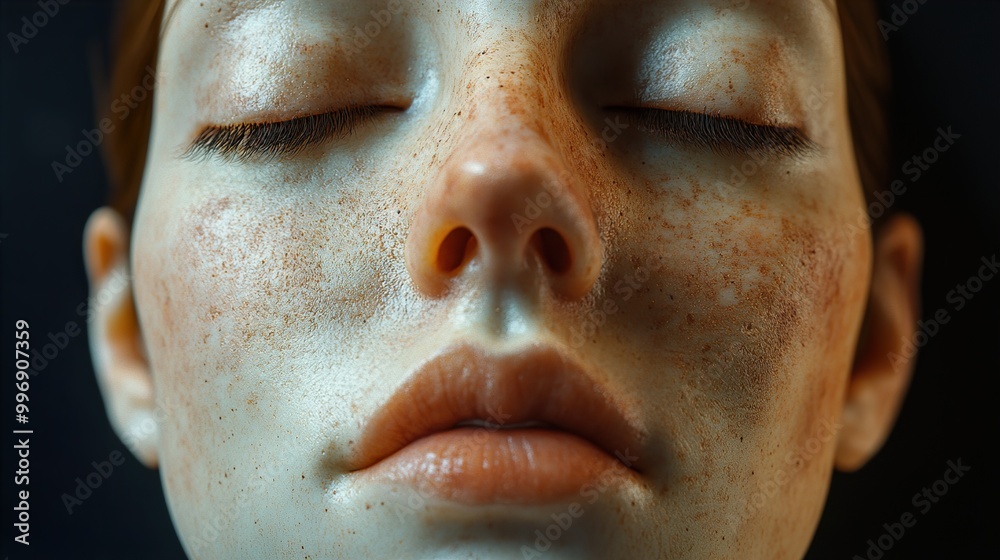 Close-Up Portrait of a Woman with Freckles and Closed Eyes Close-Up Portrait of a Woman with Freckles and Closed Eyes