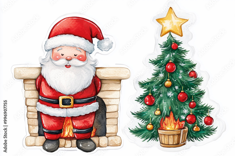 sticker style watercolor cute Santa Claus and Christmas tree and fireplace sticker style watercolor cute Santa Claus and Christmas tree and fireplace