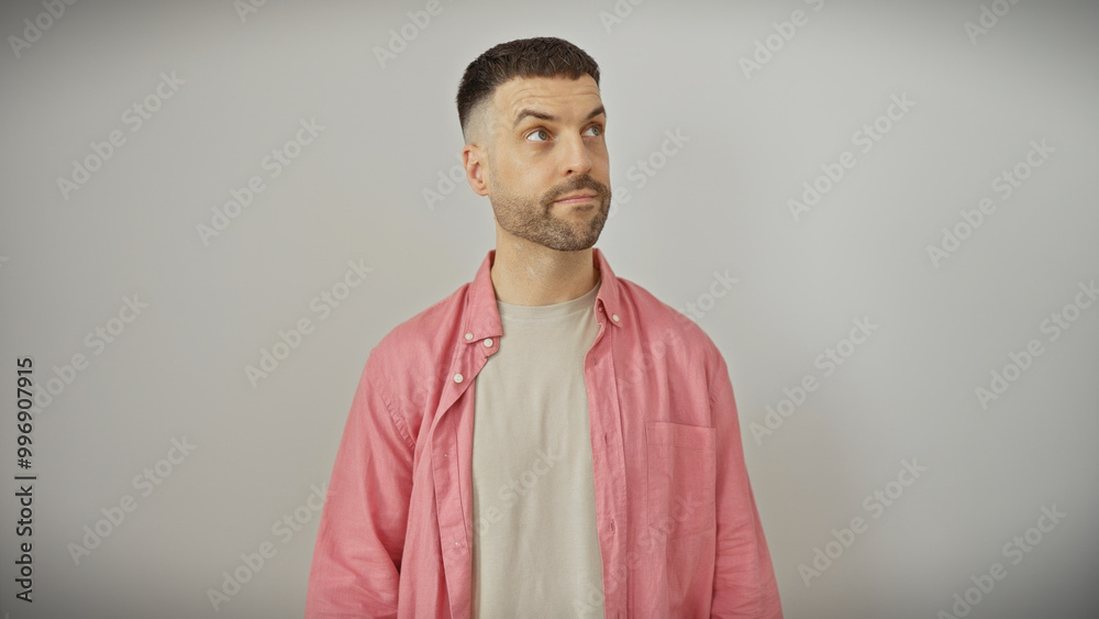 Obraz premium Handsome young hispanic man with beard in casual pink shirt against a white background looks contemplative