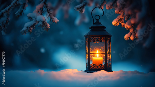 Enchanting Lantern in Snowy Winter Forest with Warm Candlelight Under Snow-Covered Pine Branches