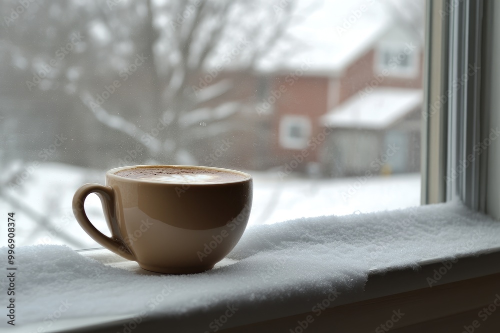 A Cup of Coffee on a Snowy Windowsill A Cup of Coffee on a Snowy Windowsill