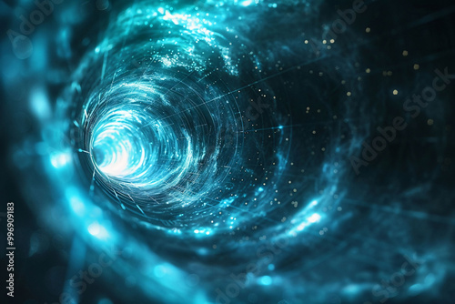 Abstract depiction of a glowing blue wormhole spiral with futuristic energy