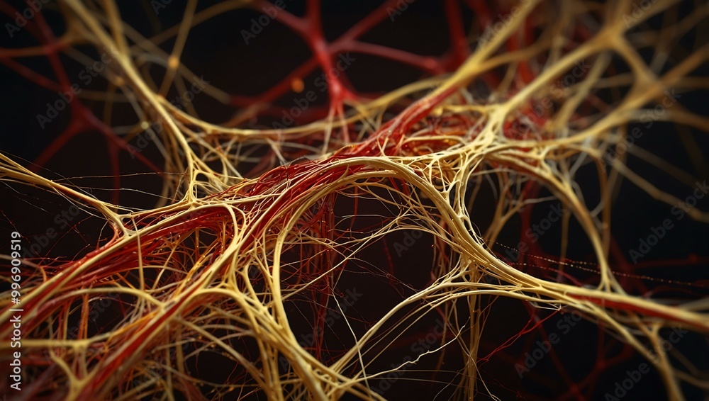 Detailed red and gold neural pathways in a flowing structure. Detailed red and gold neural pathways in a flowing structure.