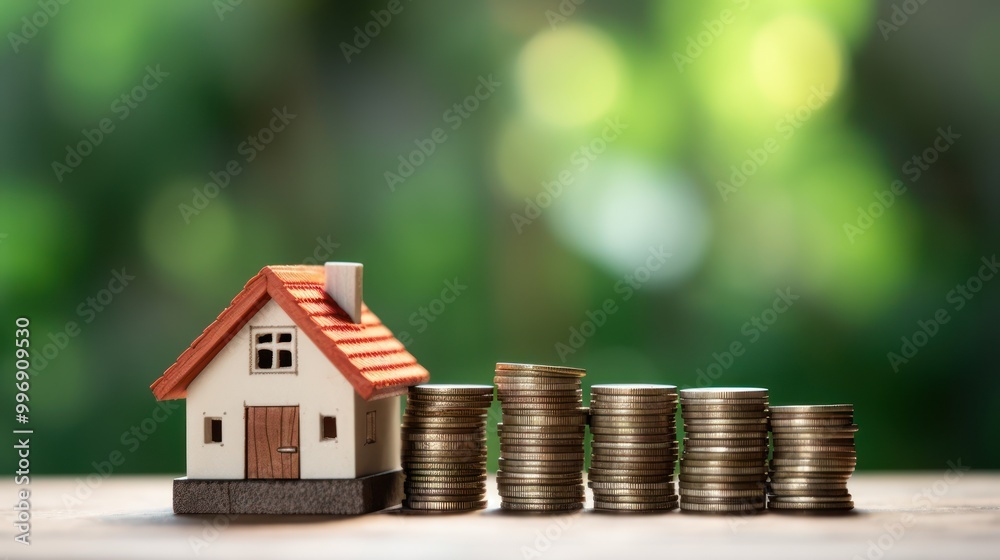 House Model and Stack of Coins on a Wooden Table Against a Green Background House Model and Stack of Coins on a Wooden Table Against a Green Background