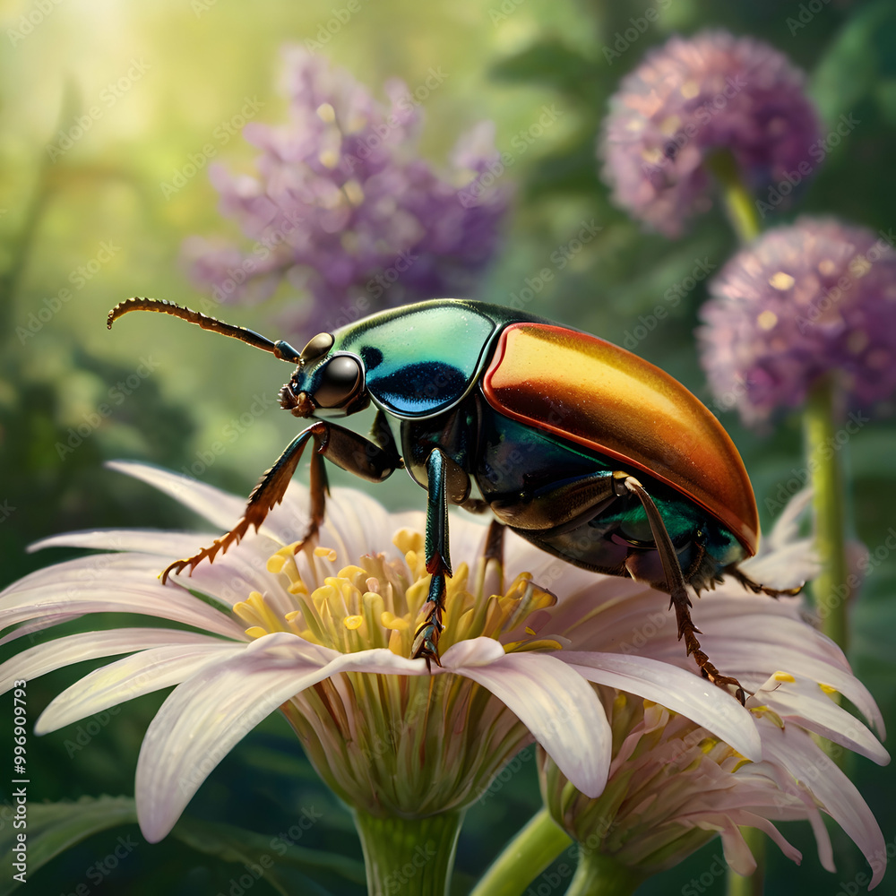 A remarkably realistic Zenfloral art piece with a close-up of a sparkling, colorful beetle resting on a gorgeous flower A remarkably realistic Zenfloral art piece with a close-up of a sparkling, colorful beetle resting on a gorgeous flower