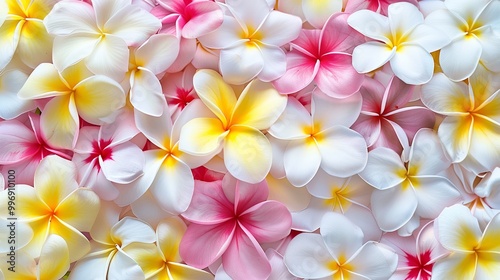 Colorful plumeria flowers in various shades arranged beautifully in a vibrant display during a sunny day in a tropical garden