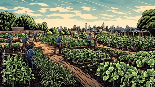 Thriving renewable energy powered community garden with a diverse group of residents tending to the lush verdant vegetation in a earthy linocut print inspired style photo