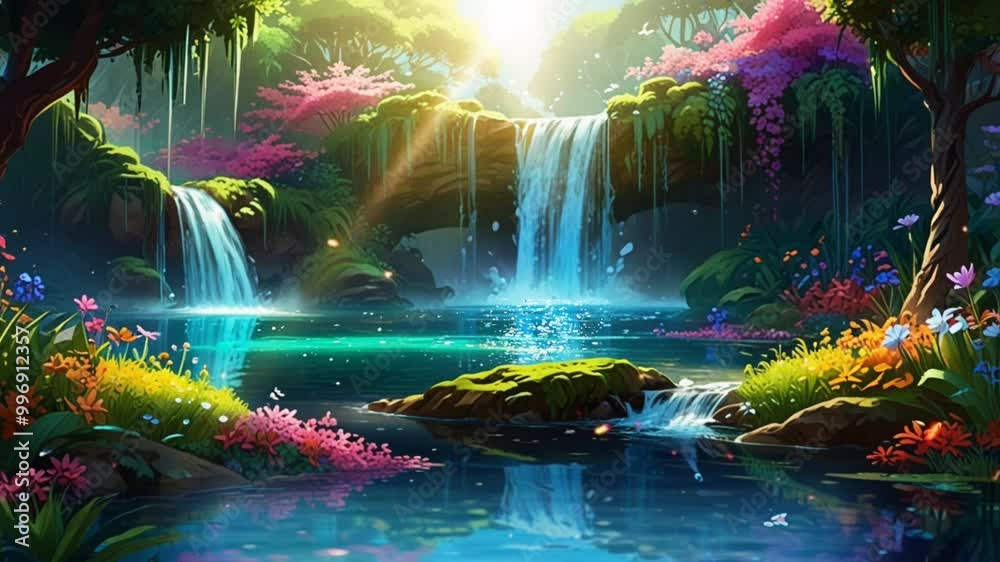Waterfall landscape, a waterfall with lush trees and beautiful hills, sunlight adds to the aesthetic impression, Smooth 4K looping animated video.