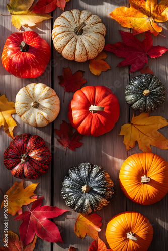 different pumpkins with colourful autumn leaves on wooden table background