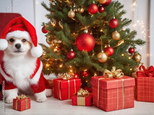 Funny puppy in red hat under Christmas tree, gifts and ornaments in red boxes. Christmas