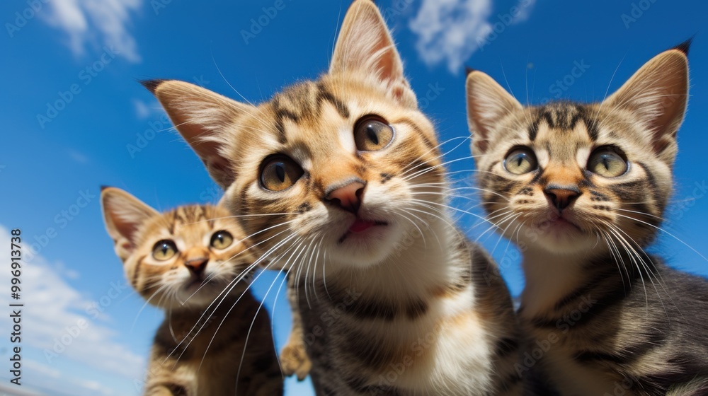 Trio of adorable kittens with curious expressions under a bright blue sky, capturing an irresistibly cute and playful moment. Trio of adorable kittens with curious expressions under a bright blue sky, capturing an irresistibly cute and playful moment.