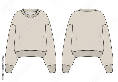 Women's oversized sweatshirt Long sleeve fashion flat technical drawing template. Flat sketch template raglan sleeve, round neck, front and back view, CAD mockup.