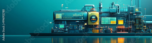 modern industrial production facility featuring advanced monitoring machines and equipment. vibrant colors and sleek design create futuristic atmosphere, showcasing innovation in manufacturing