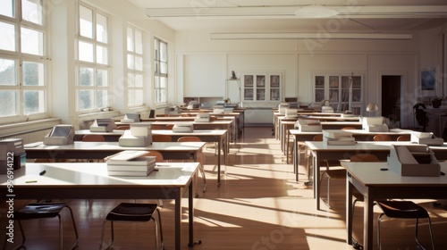 Wallpaper Mural A tidy workspace on a white desk, adorned with colorful pencils in containers and neatly stacked books, evoking creativity and organization. Torontodigital.ca
