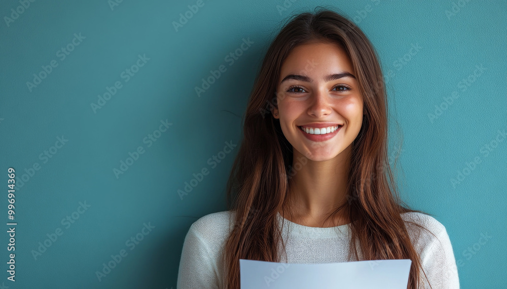 Fototapeta premium Smiling woman holding document against teal background, radiating positivity and confidence. Her long hair and bright smile create inviting atmosphere