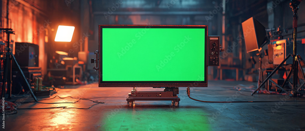 green screen mockup is set up in studio environment, showcasing blank canvas for video production. lighting and equipment create professional atmosphere, ideal for creative projects green screen mockup is set up in studio environment, showcasing blank canvas for video production. lighting and equipment create professional atmosphere, ideal for creative projects