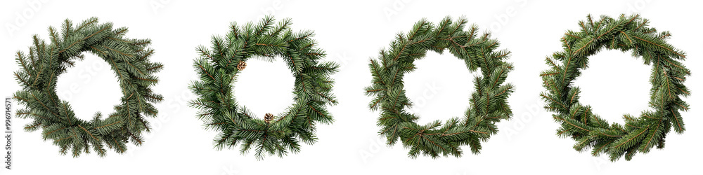 Four decorated wreaths arranged in a row, showcasing vibrant greenery set against a dark background. Four decorated wreaths arranged in a row, showcasing vibrant greenery set against a dark background.