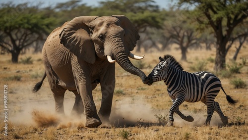 Elephant chasing a zebra.