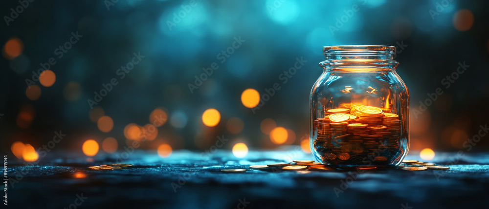 glass jar filled with golden coins sits on surface, illuminated by soft, glowing lights in background, creating warm and inviting atmosphere. scene evokes feelings of prosperity and hope glass jar filled with golden coins sits on surface, illuminated by soft, glowing lights in background, creating warm and inviting atmosphere. scene evokes feelings of prosperity and hope