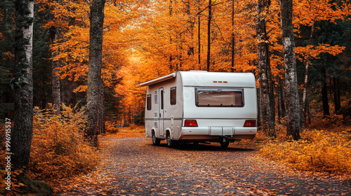 Travel trailer parked in forest wilderness nature in autumn or fall season outdoors. Summer campsite adventure with motorhome, RV caravan camper surrounded by orange and yellow tree leaves