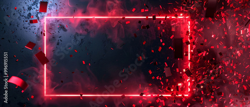Red neon rectangle with confetti and abstract smoke effect